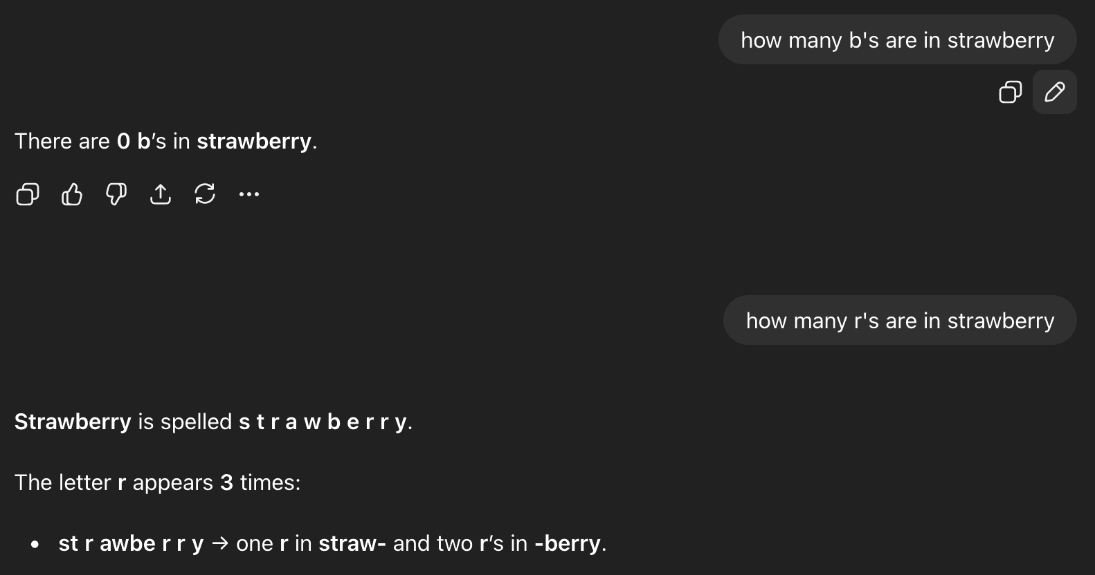 Screenshot showing GPT failing on letter-counting variants: correctly counting r's in strawberry but failing on similar questions